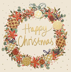 Spread festive cheer with this beautiful 'Happy Christmas' card from Ling. Adorned with a stunning wreath design, it features an elegant mix of rich red flowers, lush green foliage, and vibrant berries. Golden, patterned baubles add a touch of sparkle, perfectly complementing the embossed-effect 'Happy Christmas' message at its heart. The warm, neutral background with delicate gold flecks creates a sophisticated and inviting feel. This versatile card is perfect for sending warm wishes to friends and family this holiday season. Available in a convenient pack of 6, it's an ideal choice for your Christmas card selection, offering both quality and charm.
