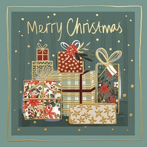 Spread festive cheer this season with Ling's exquisite 'Open Female' Christmas card. This charming design features a delightful stack of beautifully wrapped presents, adorned with intricate patterns in rich reds, creams, and greens, all highlighted with shimmering gold accents. The elegant 'Merry Christmas' script adds a touch of classic sophistication against the deep teal background. Perfect for sending warm wishes to friends and family, this versatile card offers ample space inside for a personal message. Supplied by Ling, renowned for quality, each pack contains six stunning cards, ready to bring joy to your customers.