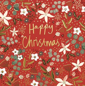 Brighten your Christmas card selection with this enchanting design from Ling. Our 'Open Female' Christmas card features a rich red background, beautifully illustrated with an array of delicate white flowers, lush green leaves, and subtle gold accents. The elegant 'Happy Christmas' message, rendered in shimmering gold, adds a touch of festive luxury. Perfect for sending warm wishes to anyone on your customers' lists, this versatile card offers broad appeal. Each convenient pack contains six cards, ensuring you're well-stocked for the season. A truly delightful choice for your retail offering.