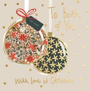 Share festive cheer with this beautiful 'To Both Of You' Christmas card, perfect for couples, friends, or family. Featuring two exquisitely designed baubles, the card boasts a charming blend of traditional and contemporary style. One bauble showcases classic red poinsettias and lush green foliage, complete with a sweet 'TO YOU' gift tag. The other dazzles with elegant golden star-like flowers against a rich dark teal background.
All text, including the heartfelt 'With love at Christmas', is rendered in shimmering gold, complemented by delicate gold polka dots scattered across the warm beige background. This premium card from Ling is sure to bring joy to recipients. Available in a convenient pack size of 1x6, it's an ideal choice for your festive card selection this season.
