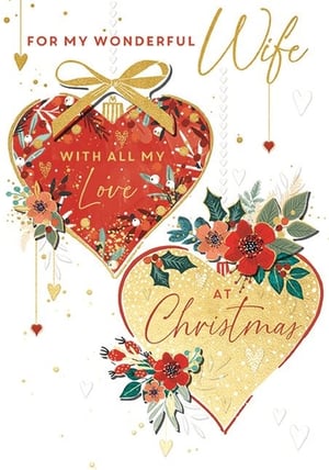 Help your customers celebrate their wonderful wife this Christmas with this charming card from Ling. This beautiful design features two intertwined hearts, one in rich red with "WITH ALL MY Love" and the other in shimmering gold with "AT Christmas". Adorned with festive floral accents, a delicate gold bow, and subtle sparkling details, it's a lovely way to express affection during the festive season. The elegant script and warm colours create a truly heartfelt message. This card is sure to be a popular choice for those seeking a special way to show their love.

Product: Wife
Pack size: 1x6
Supplier: Ling