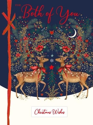 Introduce a touch of festive enchantment to your Christmas card collection with our 'To Both Of You' design from Nigel Quiney Publications. This exquisite card features two elegant deer, adorned with charming red bows and golden speckles, standing amidst a beautifully intricate winter wonderland of foliage, berries, stars, and hearts, all set against a rich navy background.
The heartfelt message 'For Both of You' in elegant red script, complemented by 'Christmas Wishes' at the base, makes it perfect for couples, friends, or family celebrating together. The detailed artwork and warm colour palette create a truly special card that recipients will cherish.
Supplied by Nigel Quiney Publications, renowned for quality and design. Each pack contains 3 of these delightful cards, ready to add a touch of magic to your festive offerings.