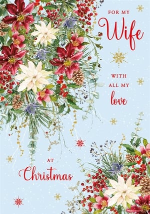 Help your customers celebrate their love this Christmas with our beautiful 'Wife' Christmas card, brought to you by Nigel Quiney Publications. This exquisite design captures the festive spirit with a stunning watercolour illustration of traditional winter foliage.

Rich red and elegant white poinsettia-style flowers are beautifully complemented by vibrant red berries, natural pine cones, and delicate blue thistles, all set against a serene, snowy blue background. The heartfelt message, 'FOR MY Wife WITH ALL MY love AT Christmas,' is elegantly scripted, making it the perfect card for a beloved wife.

Available in a convenient pack size of 1x6, these cards are an essential addition to your festive greeting card selection, ready to delight your shoppers.