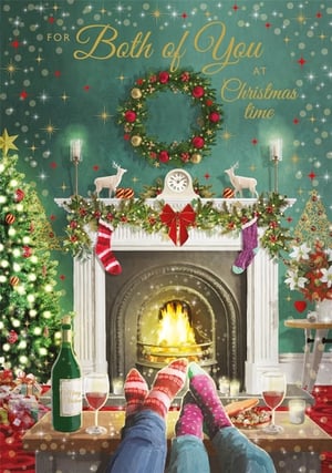 Bring the warmth of Christmas to your customers with this delightful 'To Both Of You' card from Nigel Quiney Publications. This charming design captures the ultimate festive coziness, featuring two pairs of feet in cheerful socks, relaxing by a roaring fireplace with wine and snacks. Adorned with a beautifully decorated Christmas tree, a classic wreath, and twinkling lights, it perfectly embodies the joy and comfort of the season. It's the ideal way for your customers to send heartfelt wishes to a special couple. Each pack contains 6 cards, ready to add a touch of festive magic to your shelves.
