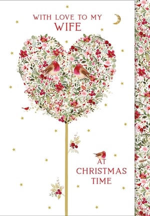 Offer your customers the perfect way to express their love this Christmas with this enchanting "Wife" card from Nigel Quiney Publications. This beautiful design features a heartwarming, festive heart-shaped tree, adorned with lush foliage, vibrant red berries, and delicate flowers. Two charming robins nestle within the heart, while a third perches below, adding a touch of winter wonder. Elegant gold stars and a crescent moon complete this truly special scene. With the heartfelt message "With Love to My Wife at Christmas Time", this card is ideal for celebrating that cherished bond. Available in a convenient pack of 6, it's a delightful addition to your seasonal greeting card selection.