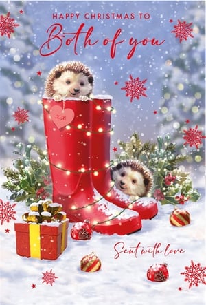 Delight your customers this festive season with our enchanting 'To Both Of You' Christmas card. This heartwarming design features two charming hedgehogs, peeking out from festive red wellington boots, beautifully illuminated with twinkling fairy lights. Set against a serene snowy backdrop, complete with sparkling snowflakes, a charming gift, and festive baubles, this card perfectly conveys the message 'Sent with love'. It's an ideal choice for couples, offering a delightful way to share Christmas greetings. Supplied by Nigel Quiney Publications, each wholesale pack contains 6 cards, ensuring you're well-stocked for the holidays.