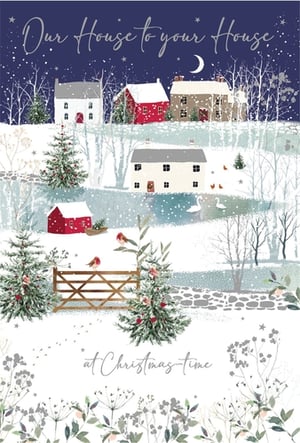 Bring the magic of a snowy Christmas village to your customers with our 'House to House' Christmas cards from Nigel Quiney Publications. This enchanting design captures a picturesque winter scene, featuring charming snow-dusted cottages nestled amongst frosted trees under a starry, moonlit sky. Robins perch on a rustic gate, while swans glide gracefully on a tranquil pond, all blanketed in fresh snow.
Perfect for sending warm wishes, these cards beautifully convey the sentiment of 'Our House to your House at Christmas time'. Each pack contains 6 delightful cards, ready to bring festive cheer to every recipient. A truly heartwarming choice for the holiday season.
