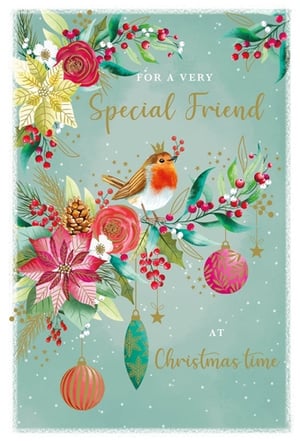 Delight your customers with this enchanting 'Friend' Christmas card from Nigel Quiney Publications. Featuring a charming robin wearing a tiny crown, nestled amongst a beautiful array of festive foliage, vibrant poinsettias, and delicate roses, all adorned with sparkling berries and elegant baubles.
The warm gold lettering reads 'For a Very Special Friend at Christmas Time', making it the perfect choice to send heartfelt wishes. This exquisite card, with its soft, painterly style and touches of gold, is sure to stand out on any mantelpiece. Supplied in a convenient pack of 6.