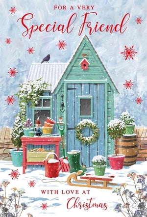 Celebrate friendship this Christmas with our delightful 'Friend' Christmas card from Nigel Quiney Publications. This charming design features a cosy, snow-dusted potting shed, adorned with a festive wreath and surrounded by winter-ready garden essentials like wellies, a watering can, and a classic wooden sled. A little bird perches on the roof, adding to the serene winter wonderland scene, complete with falling snowflakes. The heartfelt message 'FOR A VERY Special Friend WITH LOVE AT Christmas' makes it perfect for showing appreciation. Each pack contains 6 cards, ready to bring warmth and cheer to your customers' special friends this festive season.