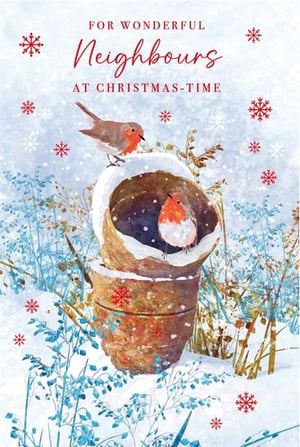 Introduce a touch of classic Christmas charm to your festive card selection with our 'Neighbours' Christmas card, proudly presented by Nigel Quiney Publications. This heartwarming design captures the essence of a British winter, featuring two endearing robins amidst snow-covered terracotta pots and delicate foliage. The elegant message, 'FOR WONDERFUL Neighbours AT CHRISTMAS-TIME', makes it an ideal choice for customers wishing to send warm seasonal greetings to those closest to home. With its gentle watercolour artistry and traditional appeal, this card is sure to resonate. Available in convenient packs of 6, it’s a wonderful addition to any Christmas display.