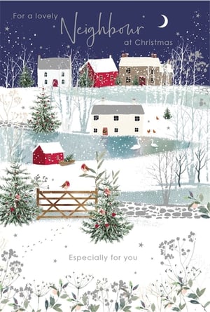 Introduce a touch of festive charm to your Christmas card selection with our delightful 'Neighbour' card from Nigel Quiney Publications. This beautifully illustrated design captures the serene magic of a winter wonderland, featuring snow-covered cottages, frosted trees, and cheerful robins. A tranquil pond with graceful swans adds to the picturesque scene, all under a starry night sky with a gentle crescent moon.
The card's heartfelt message, "For a lovely Neighbour at Christmas" and "Especially for you," makes it the perfect choice for customers looking to send warm seasonal greetings. Each pack contains 6 high-quality cards, offering excellent value for your retail display. Stock this charming design and help your customers share joy with their special neighbours this Christmas.
