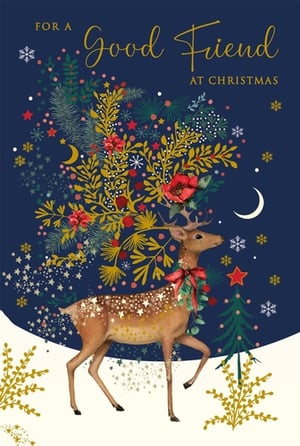Make a female friend's Christmas truly special with this exquisite card from Nigel Quiney Publications. Featuring a majestic deer adorned with a festive wreath and bow, set against a deep blue, starlit sky, it's a design that radiates warmth and elegance. Golden foliage, delicate snowflakes, and twinkling stars create a magical winter scene. The beautiful script wishes a 'Good Friend' a wonderful Christmas. Perfect for showing appreciation, this card combines traditional charm with a touch of contemporary sparkle. Available in convenient packs of six, ensuring you're ready to spread festive cheer to all your special friends this season.