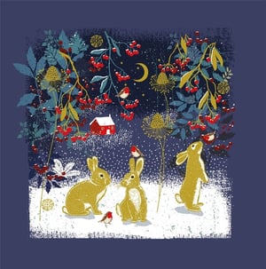 Step into a magical winter wonderland with our enchanting 'Open' design from Nigel Quiney Publications. This delightful scene captures the serene beauty of a snowy night, where three charming golden rabbits and cheerful robins gather amidst vibrant red berries and delicate winter foliage. A cozy red cottage nestles in the background under a crescent moon, adding to the heartwarming atmosphere. Perfect for sending festive greetings or a touch of winter cheer, these cards are sure to bring a smile. Each pack contains 6 beautifully illustrated cards, ready to share the joy of the season.