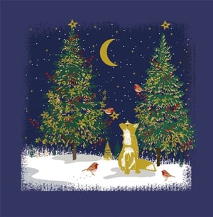 Bring a touch of enchanting winter magic to your customers' festive season with this beautiful Christmas card. It features a charming fox gazing up at a twinkling star on a decorated Christmas tree, surrounded by cheerful robins in a serene, snowy woodland scene. The rich blue night sky, crescent moon, and golden accents create a truly magical atmosphere.

Perfect for spreading warmth and joy, this delightful design captures the peaceful beauty of a winter's night. Supplied by Nigel Quiney Publications, each pack contains 6 cards, ready to brighten up any display and delight your customers.