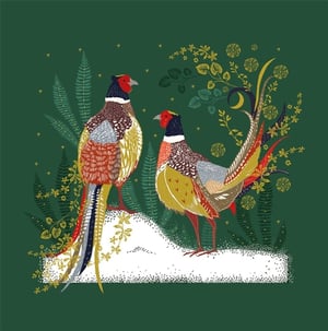 Step into an enchanting woodland scene with our beautiful 'Open' card. This captivating design features two magnificent pheasants, resplendent in their vibrant plumage, set against a rich, dark green backdrop. Intricate golden foliage, delicate ferns, and twinkling stars create a magical atmosphere, complete with a subtle crescent moon. Perched gracefully on a snowy bank, these elegant birds bring a touch of natural beauty and festive charm. Perfect for any occasion, this card is a true work of art, sure to delight recipients with its exquisite detail and rich colours.