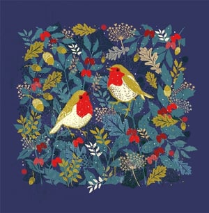 Introduce a heartwarming touch to your collection with this lovely design from Nigel Quiney Publications. It features two charming robins, beautifully illustrated with their iconic red breasts, perched amidst a rich tapestry of winter foliage. Golden oak leaves, plump acorns, and bright red berries create a festive and natural scene, all set against a serene deep blue background. The intricate details and textured finish give this piece a truly special feel, perfect for sending warm wishes during the colder months or any time of year. Available in a handy pack of 6, it's an ideal choice for retailers looking to offer their customers something delightful and high-quality.