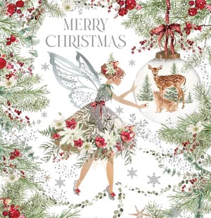 Bring a touch of enchanting festive magic to your Christmas card selection with our 'Open Female' design from Nigel Quiney Publications. This exquisite card features a graceful fairy, her delicate wings shimmering, dressed in a beautiful gown adorned with festive poinsettias and lush greenery. She gently interacts with a clear Christmas bauble, revealing a heartwarming scene of a deer and a rabbit nestled in a snowy woodland.

Surrounded by a delightful border of pine branches, vibrant red berries, and elegant snowflakes, this card truly captures the spirit of the season. The 'Merry Christmas' message is elegantly presented, making it perfect for sending warm wishes. Stock up on this charming design, available in a convenient pack of 1x6, and offer your customers a truly special way to celebrate.