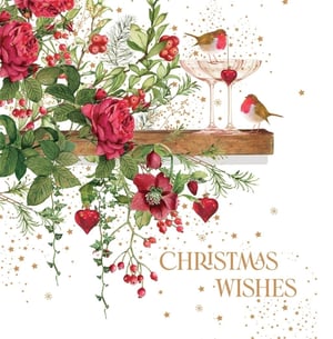 Send the warmest Christmas Wishes with this enchanting card! This beautiful design features a delightful watercolour illustration, showcasing vibrant red roses, festive berries, and elegant hellebores, all intertwined with lush green foliage.

Two charming robins perch gracefully alongside sparkling champagne coupes adorned with heart-shaped baubles, adding a touch of festive magic. The design is completed with shimmering gold stars, making it a truly beautiful way to share your seasonal greetings. Perfect for anyone special, these cards come in a convenient pack of six, ready to spread joy this Christmas.