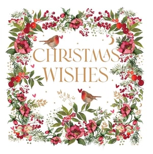 Send the warmest festive greetings with this enchanting 'Christmas Wishes' card from Nigel Quiney Publications. Adorned with a beautiful watercolour wreath of rich red berries, delicate pink hellebores, and lush green foliage, it captures the true spirit of the season. Two charming robins, each holding a tiny red heart, add a touch of sweetness and love to the design. Scattered golden stars and subtle hearts complete this delightful scene. Perfect for any female recipient, these 'Open Female' cards come in a convenient pack of six, ensuring you have plenty of heartfelt wishes to share this Christmas.