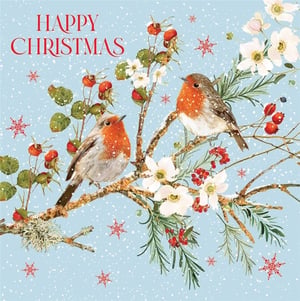 Bring a touch of classic festive charm to your Christmas card selection with this beautiful design from Nigel Quiney Publications. Featuring two adorable robins perched on snow-dusted branches, adorned with delicate white flowers and vibrant red berries, it captures the serene beauty of a winter wonderland. The soft blue background, gently falling snow, and elegant 'HAPPY CHRISTMAS' message create a truly heartwarming scene.

This 'Open' Christmas card is perfect for customers looking to send traditional yet enchanting seasonal greetings. Supplied in a convenient pack size of 1x6, it's ready to add a delightful touch to your retail display this holiday season.