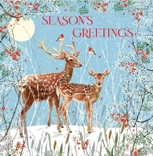 Welcome the festive season with this enchanting 'Open' Christmas card, perfect for spreading holiday cheer. This beautiful design captures the serene magic of a winter wonderland, featuring a majestic stag and a charming fawn, both delicately adorned with festive holly wreaths. Two cheerful robins perch amidst the snowy branches and the stag's antlers, adding a delightful touch of nature's charm.

Against a soft blue sky, dotted with falling snow and a gentle moon, the vibrant red 'Season's Greetings' message stands out. Lush red berries and frosted foliage frame the scene, creating a truly picturesque Christmas moment.

Supplied by Nigel Quiney Publications, these cards come in a convenient pack size of 1x6, ready to bring warmth and joy to your customers' loved ones this Christmas.