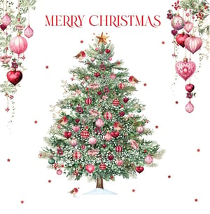 Bring a touch of festive charm to your customers' celebrations with this delightful Christmas card from Nigel Quiney Publications. Our 'Open Female' design features a beautifully decorated Christmas tree, adorned with an array of pink and red baubles, heart-shaped ornaments, and charming robins. Delicate foliage and sparkling stars complete this enchanting scene, all topped with a classic gold star. The elegant 'Merry Christmas' message adds the perfect finishing touch.

This card is ideal for sending warm wishes to friends and family, offering a modern yet traditional feel that's sure to stand out. Available in a convenient pack of 6, it's a wonderful addition to your seasonal stock.