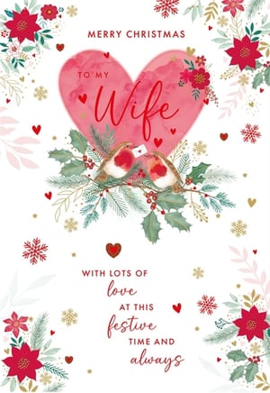Help your customers express their love this Christmas with our delightful 'Wife' Christmas card, supplied by Nigel Quiney Publications. This enchanting design features a prominent heart with 'To My Wife', beautifully complemented by two charming robins exchanging a festive message. Adorned with traditional holly, berries, poinsettias, and delicate snowflakes, it captures the true spirit of the season. The heartfelt message inside reads 'With lots of love at this festive time and always'. Perfect for retailers, these cards come in a convenient pack of 6, ensuring you're well-stocked for the festive period. A truly special card for a cherished wife.