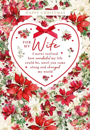 Help your customers celebrate their special bond this Christmas with this beautiful 'Wife' Christmas card from Nigel Quiney Publications. Adorned with a rich festive floral design featuring vibrant red poinsettias and delicate white blooms, this card is a visual delight. A charming heart-shaped panel, complete with a sweet red bow, frames the heartfelt message: "I never realised how wonderful my life could be, until you came along and changed my world." It's the perfect way to convey deep love and appreciation during the festive season. Available in a convenient pack size of 1x6, ensuring you're well-stocked for your customers.