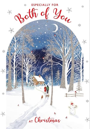 Celebrate the magic of Christmas with this enchanting card, 'To Both Of You'. Perfect for sending warm wishes to a special couple, this design captures a truly idyllic winter scene.
Under a starry, moonlit sky, a charming cottage nestles amongst glitter-dusted trees. A couple, accompanied by their dog, strolls along a snowy path, pulling a sled – a picture of festive togetherness. Adorable robins add splashes of colour, while a friendly snowman completes this heartwarming tableau.
With its beautiful artwork and heartfelt message, this card is sure to delight. Supplied by Nigel Quiney Publications, each pack contains 6 cards, ready to bring joy this holiday season.