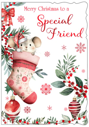 Bring a smile to a special friend's face this Christmas with our delightful 'Friend Female' Christmas card. This charming design features an utterly adorable mouse wearing a Santa hat, peeking from a beautifully patterned festive stocking.
Surrounded by watercolour illustrations of lush holly, vibrant red berries, and delicate snowflakes, this card exudes festive cheer. The heartfelt message, "Merry Christmas to a Special Friend," makes it the perfect way to show appreciation.
Supplied by Out of The Blue Studios Ltd, these beautiful cards come in a convenient pack size of 1x6, ready to brighten the festive season for your customers. A truly charming addition to your Christmas card collection.