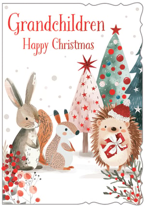 Send warm festive wishes to beloved grandchildren with this utterly charming Christmas card! From Out of The Blue Studios Ltd., this delightful design features an adorable watercolour illustration of woodland friends. A sweet hedgehog in a Santa hat holds a present, joined by a friendly rabbit and a cute squirrel in a snowy scene with festive Christmas trees and winter berries. The message "Grandchildren Happy Christmas" is beautifully presented, making it the perfect way to share holiday joy. Stock up on these heartwarming cards, available in a convenient pack size of 1x6, and bring a touch of magic to your customers' seasonal offerings.