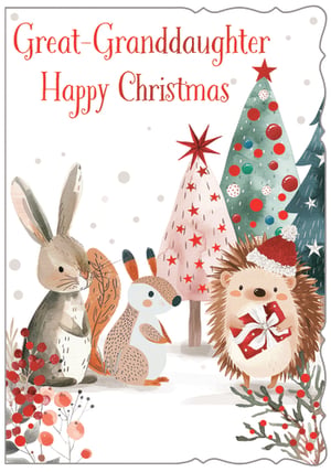 Send warm festive wishes to a special Great-Granddaughter this Christmas with this adorable card from Out of The Blue Studios Ltd. Featuring a charming watercolour illustration, the design showcases a delightful snowy scene with cute woodland friends. A sweet hedgehog, wearing a Santa hat, holds a festive gift, while a rabbit and squirrel look on amidst beautifully decorated Christmas trees and winter berries. The heartfelt message 'Great-Granddaughter Happy Christmas' is printed in a lovely red script. This card is perfect for retailers looking to offer a truly special and heartwarming option for the festive season. Available in a convenient pack size of 1x6.