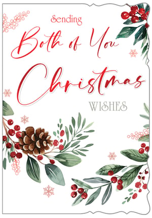 Bring festive cheer to your customers with the charming 'To Both' Christmas card from Out of The Blue Studios Ltd. This beautiful watercolour design features classic seasonal elements, including vibrant red berries, lush green foliage, and a rustic pinecone, all accented with delicate snowflakes. The elegant script conveys warm wishes to 'Both of You', making it an ideal choice for couples, friends, or family. Supplied in a convenient pack of 6, these cards are perfect for adding a touch of traditional elegance to your Christmas card selection. A truly lovely way to help your customers spread holiday joy.
