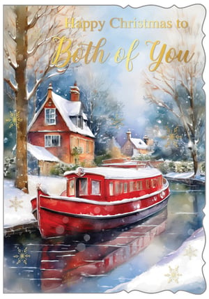 Introduce a touch of festive charm to your Christmas card selection with our 'To Both' design from Out of The Blue Studios Ltd. This exquisite card captures a serene winter scene, where a vibrant red canal boat rests peacefully amidst snow-covered trees and quaint cottages. The falling snowflakes, some shimmering in gold, add a magical touch to the tranquil setting. Adorned with the elegant gold-foiled message, 'Happy Christmas to Both of You', it's the perfect choice for sending warm wishes to couples. Each pack contains 6 of these beautiful cards, ready to bring joy this holiday season.