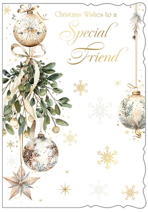 Send warm Christmas wishes to a special friend with this exquisite card. Featuring elegant watercolour illustrations of festive ornaments, lush mistletoe, and delicate snowflakes in a sophisticated palette of greens, creams, and golds. The design is both classic and contemporary, making it the perfect way to show you care this holiday season. Each pack contains 6 identical cards, ready to spread joy. A truly lovely choice for your discerning customers seeking a high-quality, heartfelt Christmas greeting.