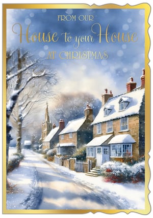 Bring a touch of classic Christmas charm to your festive offerings with our "House to House" Christmas cards. From Out of The Blue Studios Ltd., this exquisite design captures the serene beauty of a snow-dusted village, complete with quaint cottages and a church spire peeking through the winter sky. The elegant gold script, "FROM OUR House to your House AT CHRISTMAS," conveys a warm, traditional message perfect for the season. This delightful card evokes a cosy, nostalgic feeling, making it an ideal choice for customers seeking a truly heartfelt way to connect. Available in a convenient pack size of 1x6, these cards are ready to become a cherished part of your holiday collection.