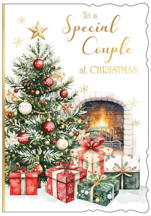 Celebrate the magic of Christmas with our 'Special Couple' Christmas card, perfect for spreading festive cheer to loved ones. This beautiful card features a beautifully decorated Christmas tree, adorned with festive red and gold baubles, twinkling lights, and a golden star. Nestled beneath are a delightful array of beautifully wrapped presents, adding to the joyful scene. In the background, a cosy fireplace casts a warm glow, creating an inviting and romantic atmosphere. The elegant gold script wishes 'To a Special Couple at Christmas', making it the perfect choice for partners, friends, or family. Available in a convenient pack of 6, these cards ensure you're ready to share heartfelt greetings this holiday season. From Out of The Blue Studios Ltd, this card perfectly captures the true spirit of Christmas.