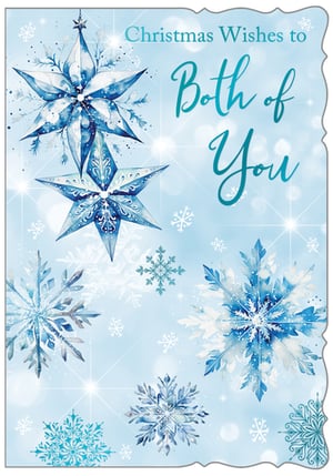 Introduce a touch of winter elegance to your Christmas card range with our 'To Both' card, proudly presented by Out of The Blue Studios Ltd. This charming design showcases beautiful watercolour stars and intricate snowflakes, rendered in a calming palette of blues and whites, complete with subtle sparkling accents. The warm message, "Christmas Wishes to Both of You," makes it an ideal choice for sending greetings to couples, friends, or family members. Available in a practical 1x6 pack, this card offers a delightful option for your customers looking to share their festive cheer. Its appealing aesthetic and thoughtful sentiment are sure to be a welcome addition to any seasonal display.
