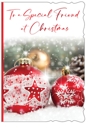 Share festive cheer with this beautiful Christmas card, specially designed for a dear female friend. Featuring two sparkling red baubles nestled in soft snow, against a backdrop of twinkling lights and pine, this card exudes warmth and holiday magic. The elegant script reads 'To a Special Friend at Christmas', conveying heartfelt wishes. Perfect for spreading joy, these delightful cards come in a convenient pack of six, making them an ideal choice for your seasonal stock. From Out of The Blue Studios Ltd., ensure your customers can send the perfect message this Christmas.