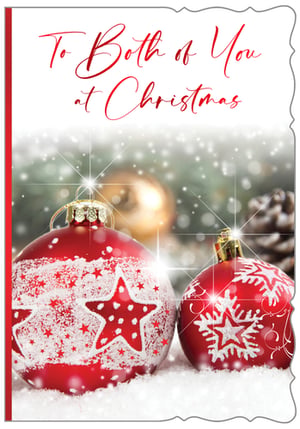 "To Both" Christmas Card - Pack of 6.
Delight your customers with this enchanting Christmas card from Out of The Blue Studios Ltd. Featuring a heartwarming scene of two vibrant red baubles, adorned with festive stars and snowflakes, nestled in a bed of sparkling snow. The elegant red script, "To Both of You at Christmas," makes it the perfect choice for sending warm wishes to couples. With a beautifully soft, snowy background and subtle glitter accents, this card truly captures the magic of the season. Offer your shoppers this charming design, available in a convenient 1x6 pack for your retail needs.