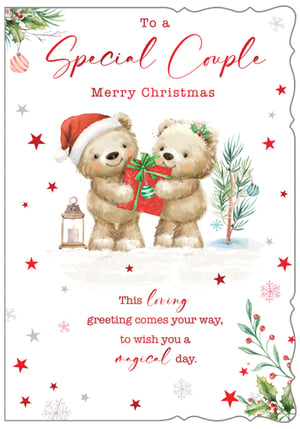 Make their Christmas truly special with our delightful 'Special Couple' Christmas card, brought to you by Out of The Blue Studios Ltd. This enchanting design features two adorable teddy bears, one in a festive Santa hat, lovingly presenting a Christmas gift amidst a charming snowy scene.
The card beautifully conveys a warm message: "To a Special Couple, Merry Christmas" and "This loving greeting comes your way, to wish you a magical day." Adorned with charming festive details like holly, snowflakes, and a miniature Christmas tree, it's the perfect way to celebrate their love during the holiday season.
Available in a convenient pack of 6, these cards are ideal for retailers looking to offer a truly heartwarming option for their customers. Help your customers share a magical Christmas greeting with their favourite couples.