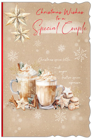 Send warm festive wishes to a special pair with our 'Special Couple' Christmas card. This beautiful design features a cozy scene of two steaming Christmas spice lattes, complete with whipped cream, cinnamon sticks, and star-shaped gingerbread cookies, all set against a rustic kraft paper background adorned with shimmering golden stars and delicate snowflakes. The heartfelt message 'Christmas Wishes to a Special Couple' is elegantly scripted, evoking the perfect blend of warmth and celebration. Ideal for retailers looking to offer a charming and thoughtful card for couples this holiday season. Each pack contains 6 cards from Out of The Blue Studios Ltd.