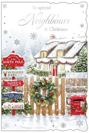 Send warm festive wishes to your special neighbours this Christmas with these charming cards from Out of The Blue Studios Ltd. The 'Neighbours' card features a delightful snowy scene, complete with a cosy cottage, a festive wreath, and fun North Pole signposts pointing to Santa's Workshop and the Reindeer Barn. A traditional red post box adds to the enchanting winter wonderland feel. Each card beautifully captures the magic of the season, making them the perfect way to show you care. Available in a convenient pack of 6, so you can spread joy to all your wonderful neighbours.