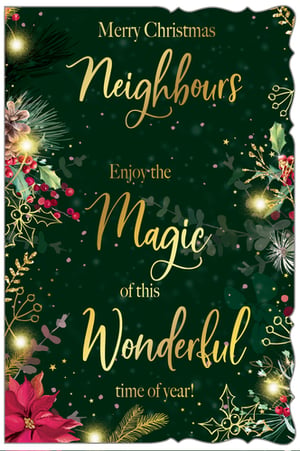 Help your customers share festive cheer with their local community this Christmas with our enchanting 'Neighbours' card. Crafted by Out of The Blue Studios Ltd, this design boasts a luxurious deep green background adorned with traditional holly, berries, and a vibrant poinsettia. The elegant gold foil lettering, wishing "Merry Christmas Neighbours" and inviting them to "Enjoy the Magic of this Wonderful time of year!", truly sparkles. Illuminated by warm, twinkling lights, this card offers a beautiful blend of classic charm and festive magic. Each pack contains 6 cards, making it a perfect addition to your seasonal greeting card selection.