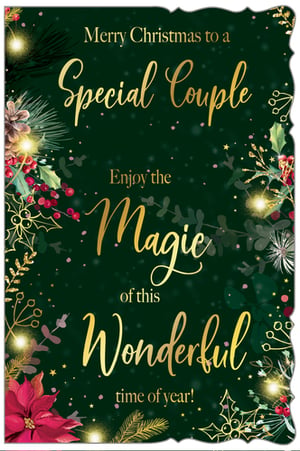 Celebrate the festive season with our exquisite 'Special Couple' Christmas card, perfect for spreading joy to those cherished pairs. This beautifully designed card features a rich, deep green background adorned with elegant gold foil lettering that reads, 'Merry Christmas to a Special Couple, Enjoy the Magic of this Wonderful time of year!'
The intricate detailing includes festive illustrations of holly, berries, pinecones, and sparkling golden accents, creating a truly magical and luxurious feel. Crafted by Out of The Blue Studios Ltd., these cards offer a touch of sophistication and warmth. Each pack contains 6 identical cards, making it easy to share your heartfelt wishes. A delightful choice for your Christmas card collection this year!