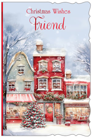 Send warm festive greetings to a special friend with this enchanting Christmas card. Featuring a beautifully illustrated snowy village scene, complete with charming decorated shops and a twinkling Christmas tree, it perfectly captures the magic of the season. Delicate snowflakes fall gently, adding to the serene winter wonderland feel. The heartfelt message 'Christmas Wishes Friend' is elegantly displayed in a classic red script. This delightful card is ideal for showing appreciation to a cherished friend during the holidays.
Product Name: Friend Female
Pack Size: 1x6
Supplier: Out of The Blue Studios Ltd.