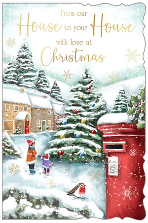 Bring the magic of a snowy Christmas village to your customers with our delightful 'House to House' Christmas cards. This enchanting design from Out of The Blue Studios Ltd. captures the true spirit of the season.
Featuring a charming snow-covered street, a beautifully decorated Christmas tree, and two children enjoying the winter wonderland, this card evokes warmth and nostalgia. A friendly robin perches nearby, and a classic red post box stands ready for festive greetings. The heartfelt message, 'From our House to your House with love at Christmas,' makes it the perfect way to send seasonal cheer.
Supplied in a convenient pack of 6, these cards are ideal for retailers looking to offer a traditional yet captivating Christmas design.