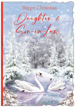 Send warm festive wishes to a special couple this Christmas with our beautiful 'Daughter & Son In Law' card. This charming design features a serene winter wonderland scene, where two elegant swans glide gracefully on a tranquil, snow-dusted lake. Surrounded by frosted trees and gently falling snow, it creates a truly picturesque and festive feel. The heartfelt message is presented in a lovely script, making this card a wonderful way to celebrate the season. Perfect for retailers seeking quality Christmas cards for their customers. Supplied by Out of The Blue Studios Ltd., each pack contains 6 cards.