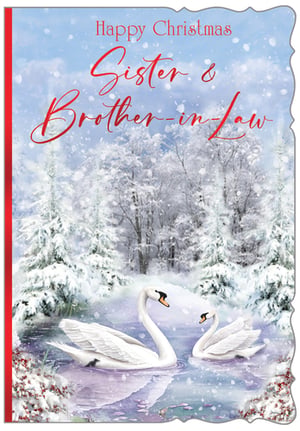 Send warm festive wishes to your Sister and Brother-in-Law this Christmas with this enchanting card. Featuring a serene winter wonderland, the design showcases snow-covered trees under a gentle snowfall. Two elegant swans glide gracefully across a tranquil, icy lake, their reflections adding to the picturesque scene. A sprinkle of festive red berries completes this beautiful illustration. The heartfelt message 'Happy Christmas Sister & Brother-in-Law' is elegantly scripted, making this the perfect card to convey your love and appreciation during the holiday season. A truly magical way to celebrate with family.