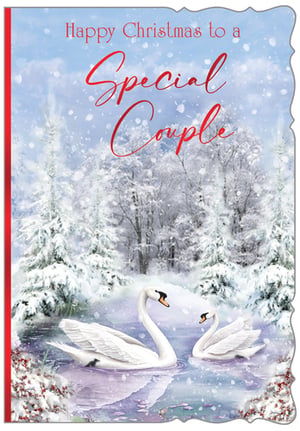 Celebrate the festive season with our beautiful 'Special Couple' Christmas card, brought to you by Out of The Blue Studios Ltd. This enchanting design features two elegant swans gracefully gliding on a serene, snow-dusted lake, surrounded by a magical winter wonderland of snow-laden trees and gently falling snowflakes. The heartwarming message "Happy Christmas to a Special Couple" is perfect for celebrating love during the holidays. With its charming imagery and thoughtful sentiment, this card is sure to delight. Available in a convenient pack of 6, it's an ideal choice for retailers looking to offer a truly special card for couples this Christmas.